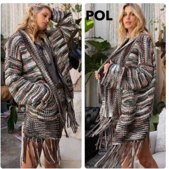 POL Sweaters - POL Striped Fringe Knit Cardigan in Brown, Green, Cream